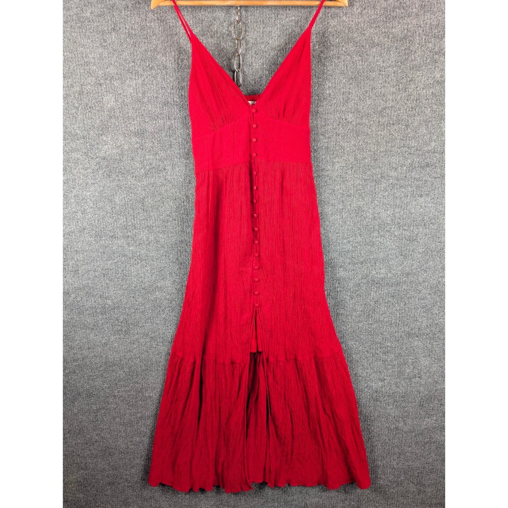 Abercrombie & Fitch S Red Crinkle Tiered Maxi Dress Smocked babydoll flowy